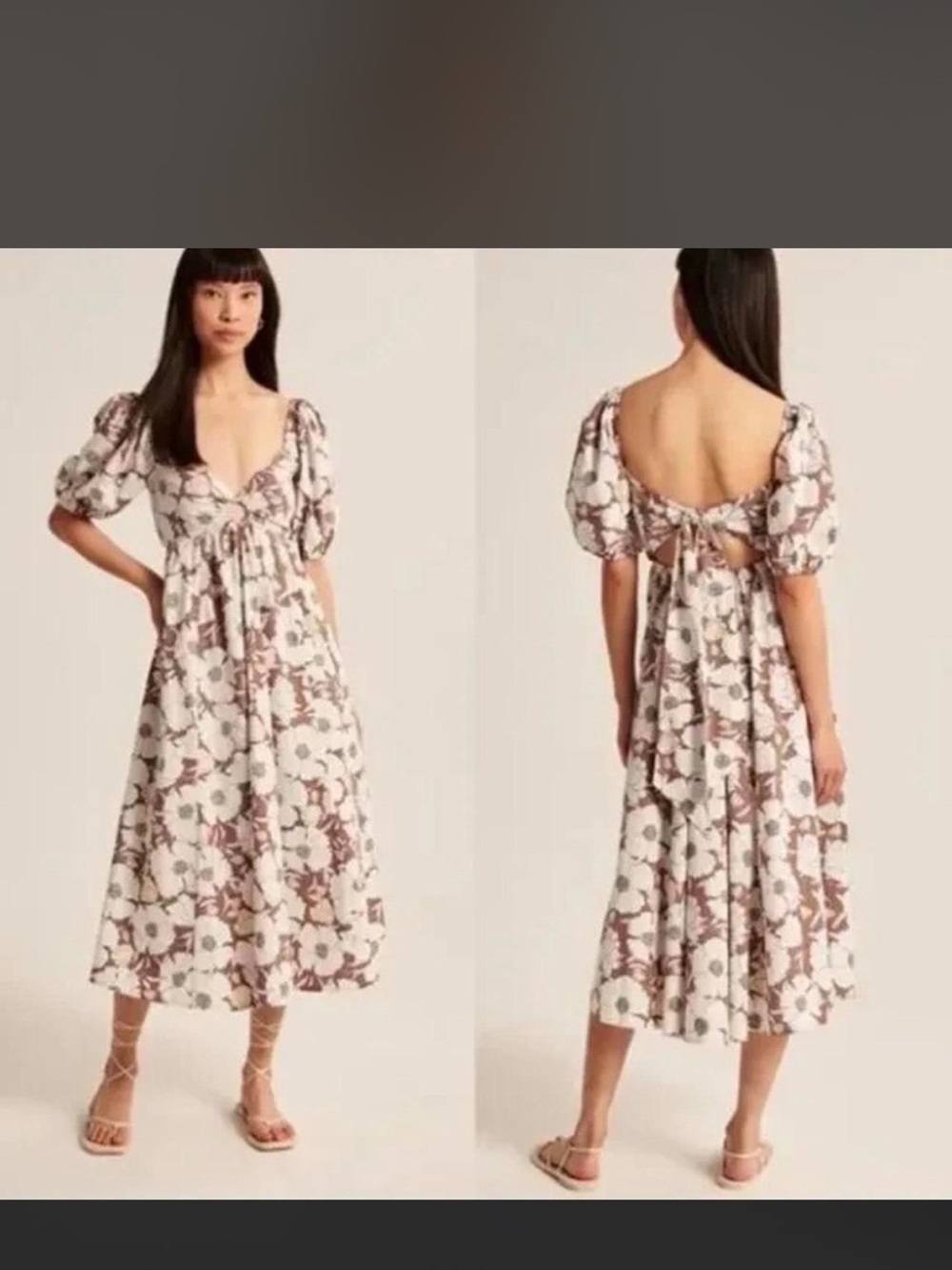 Abercrombie & Fitch Ivory Midi Dress with Brown Floral Print